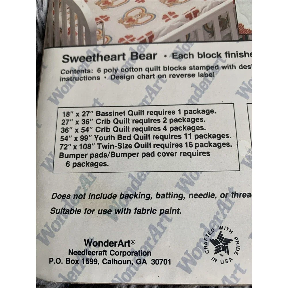 VTG WonderArt Quilt Block Pattern Sweetheart Bear #1901 Six 9x9 Blocks Sealed